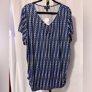 Fashion Bug blue, black, & white top. Short sleeves with side hem rouching